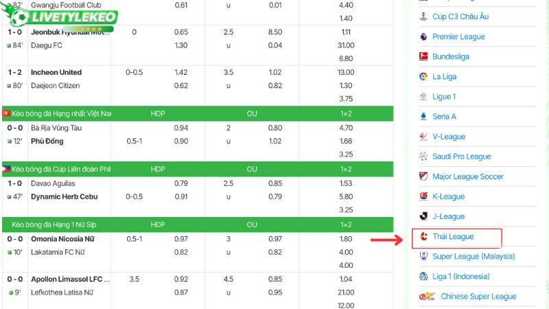 Hướng dẫn cách xem tỷ kèo bóng đá Thái League